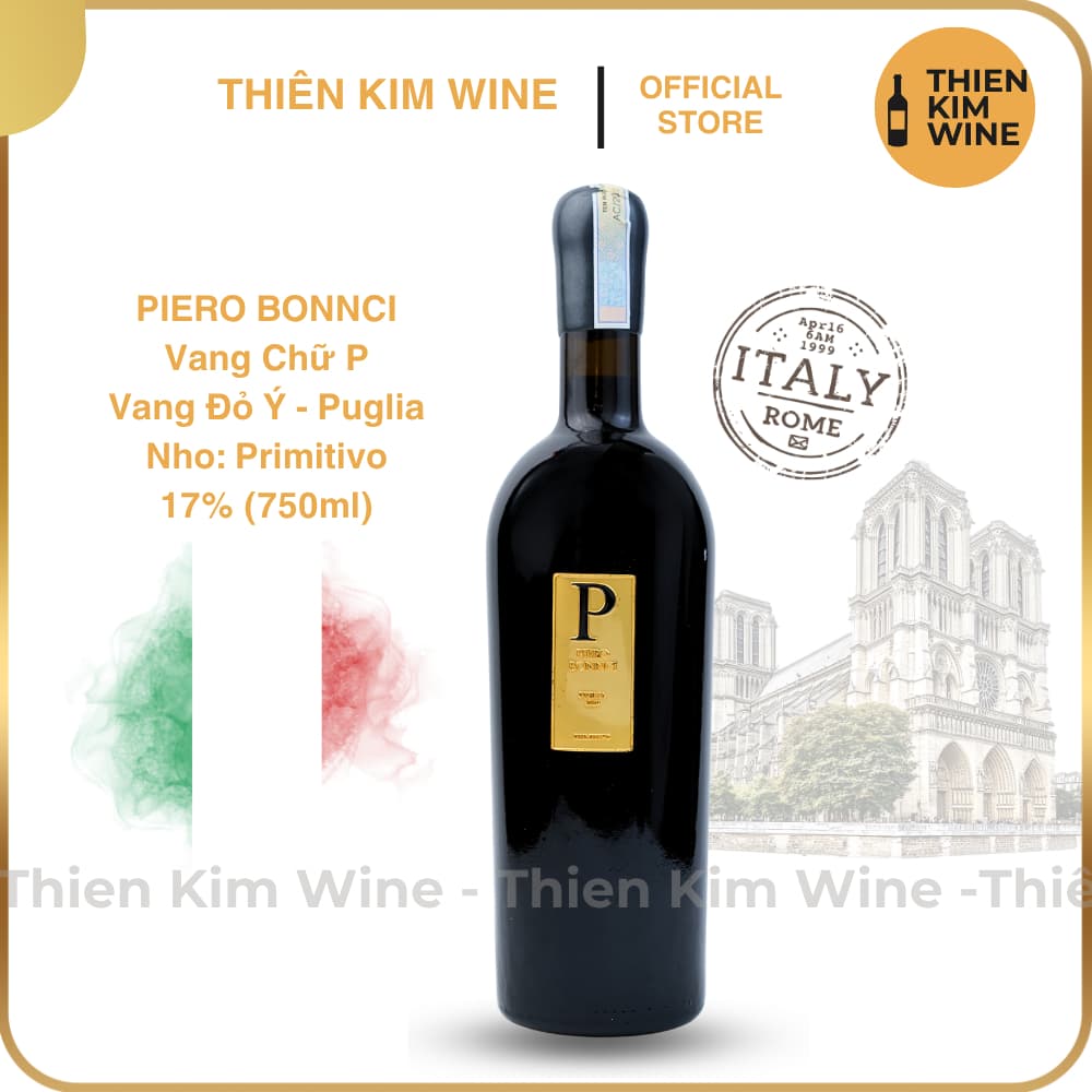[Chính Hãng] - Rượu Vang Đỏ Ý cao cấp Piero Bonnci (vang chữ P) Primitivo Wine Puglia - 750 ml (17%)