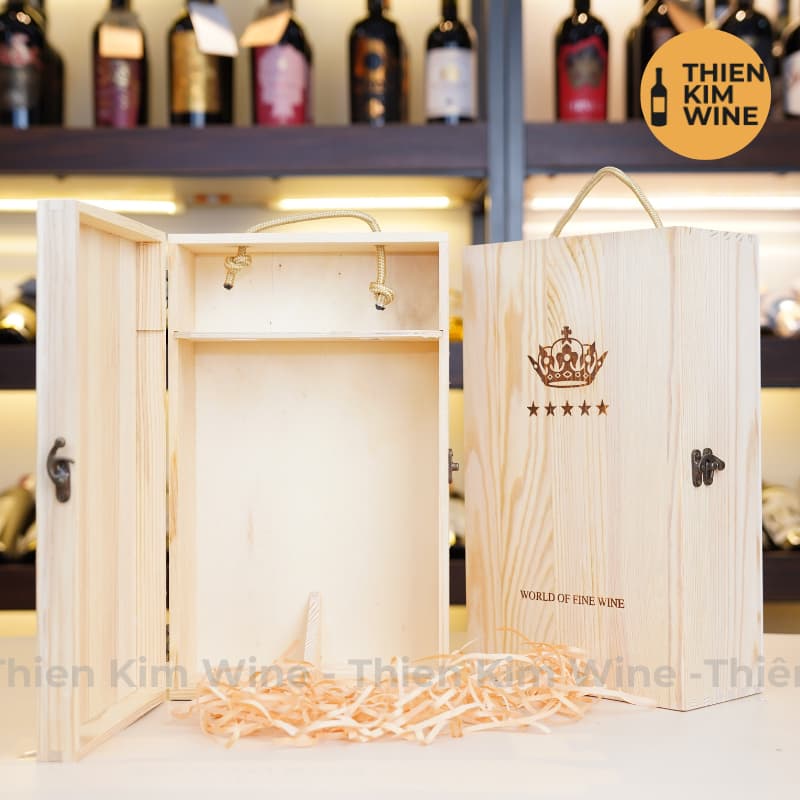 [Chính hãng] - Hộp Quà Tặng VIP 2 Chai Rượu Vang Chính Hãng - Hộp Gỗ Vương Miện Có Dây Xách
