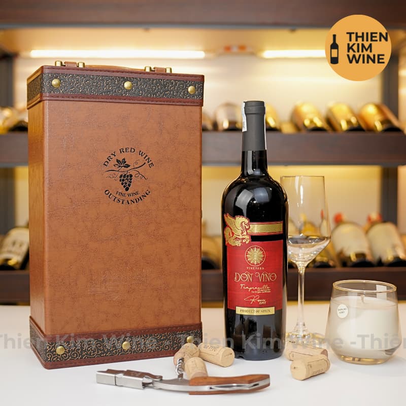 [Chính hãng] - Hộp Quà Tặng VIP Set 2 Chai Rượu Vang - Hộp Da Nâu FINE WINE Đẳng Cấp Kèm Bộ 4 Phụ Kiện Cao Cấp