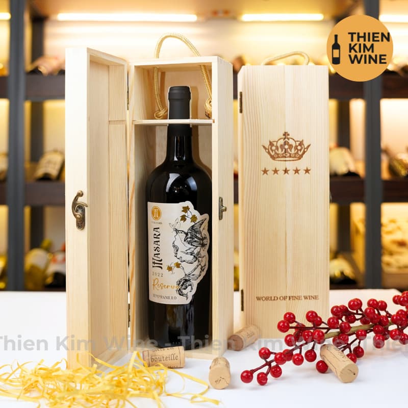 [Chính hãng] - Hộp Quà Tặng VIP 1 Chai Rượu Vang - Hộp Gỗ Vương Miện Có Dây Xách