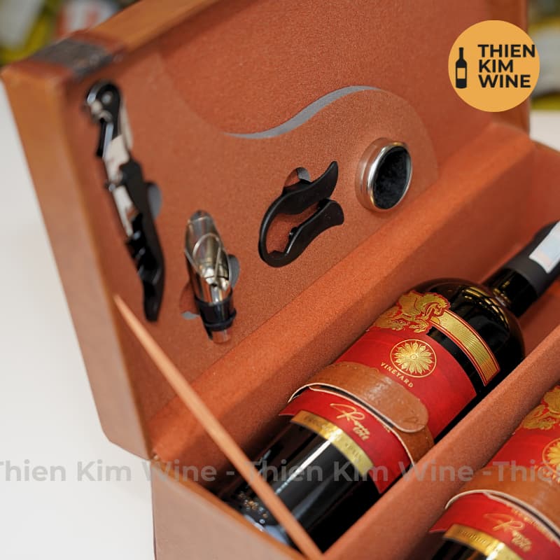 [Chính hãng] - Hộp Quà Tặng VIP Set 2 Chai Rượu Vang - Hộp Da Nâu FINE WINE Đẳng Cấp Kèm Bộ 4 Phụ Kiện Cao Cấp