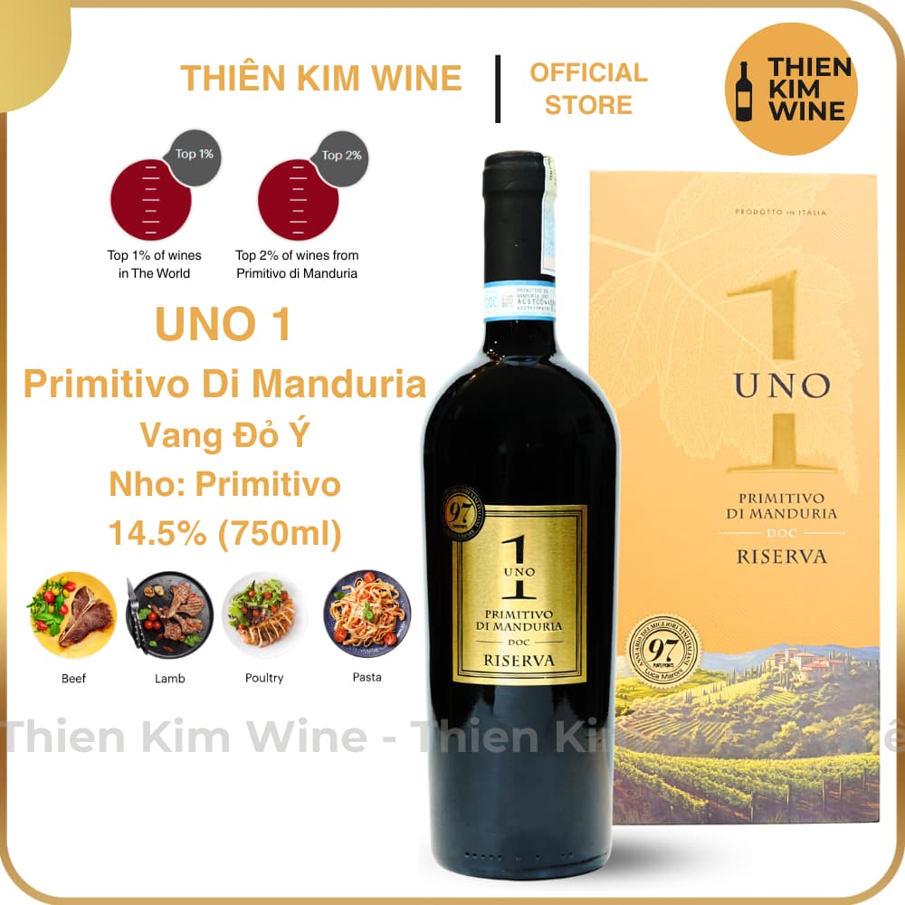 [Chính hãng] - Rượu Vang Đỏ Ý UNO 1 Primitivo Di Manduria “Riserva” Cao cấp 97/100 Point “Hạng D.O.C” Có Hộp 750ml (14%)