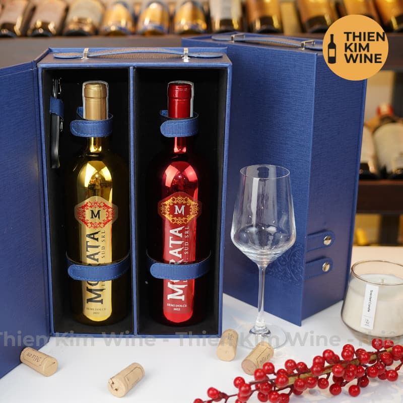 [Chính hãng] - Hộp Quà Tặng VIP 2 Chai Rượu Vang - Hộp Da Xanh Vip 2 Khuy Bấm Kèm Khui Có Quai Xách