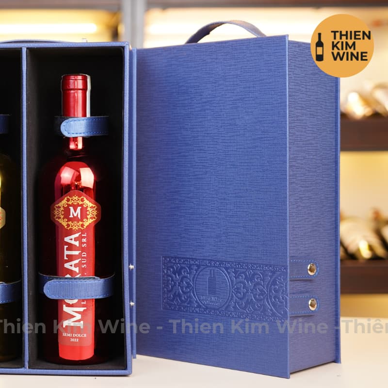[Chính hãng] - Hộp Quà Tặng VIP 2 Chai Rượu Vang - Hộp Da Xanh Vip 2 Khuy Bấm Kèm Khui Có Quai Xách