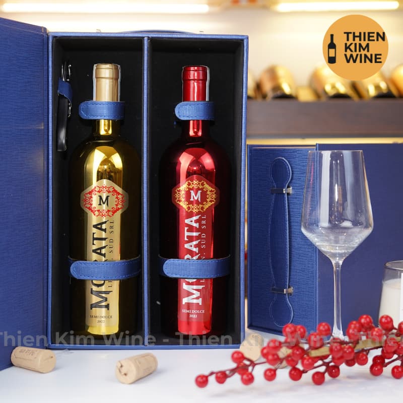 [Chính hãng] - Hộp Quà Tặng VIP 2 Chai Rượu Vang - Hộp Da Xanh Vip 2 Khuy Bấm Kèm Khui Có Quai Xách