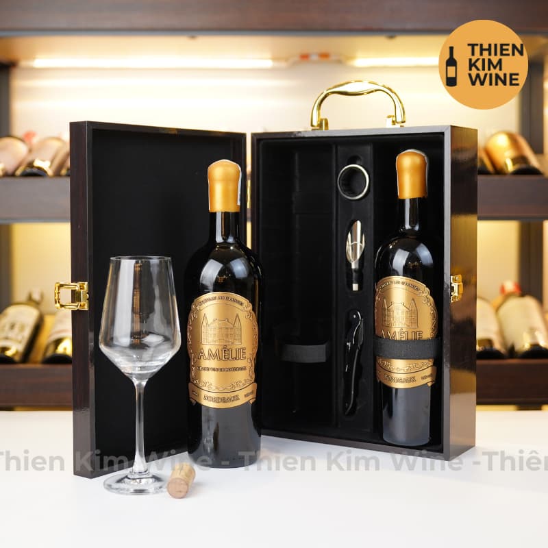 [Chính hãng] - Hộp Quà Tặng VIP 2 Chai Rượu Vang - Hộp Sơn Mài Kèm 3 Phụ Kiện Có Quai Xách
