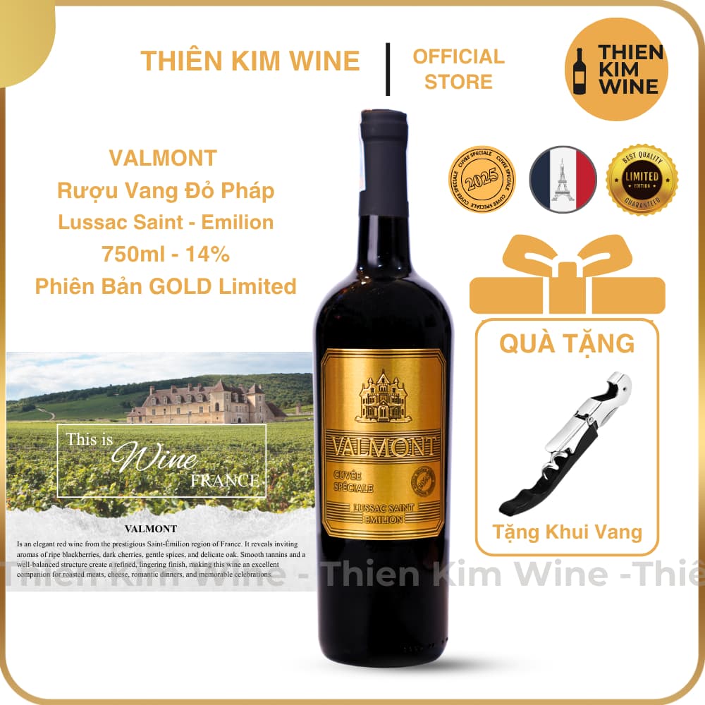 [Chính hãng] - Rượu Vang Đỏ Pháp Cao Cấp VALMONT Cuvée Spéciale Laussac Saint Emilion (Phiên Bản Đồng Gold)- 750ml (14%)