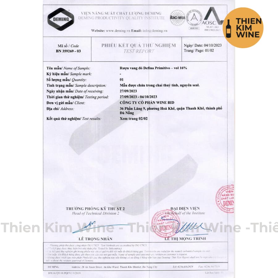 [Chính Hãng] - Rượu Vang Đỏ Ý Defina Wine Primitivo - 750ml (16%)