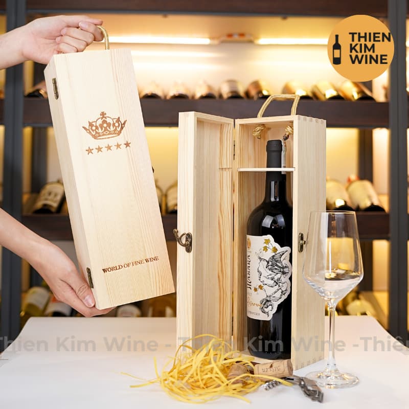 [Chính hãng] - Hộp Quà Tặng VIP 1 Chai Rượu Vang - Hộp Gỗ Vương Miện Có Dây Xách
