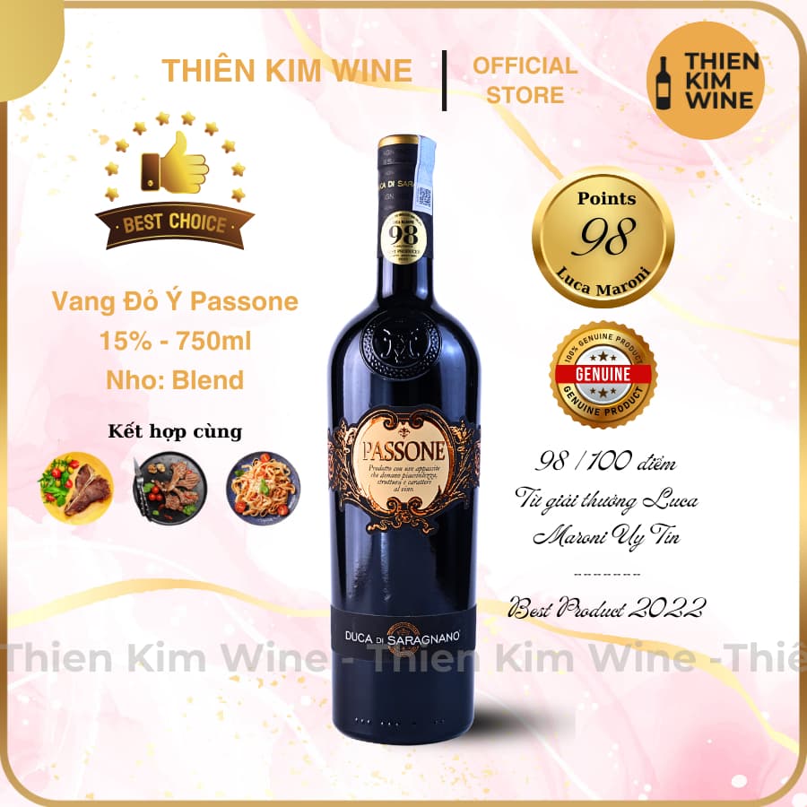 [Chính Hãng] - Rượu Vang Ý Passone Duca di Saragnano Blend Puglia Cao cấp 98/100 Point - 750ml (15%)