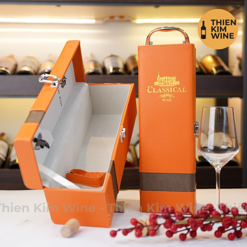 [Chính hãng] - Hộp Quà Tặng VIP 1 Chai Rượu Vang - Hộp Da Cam Vip Kèm Khui Có Quai Xách