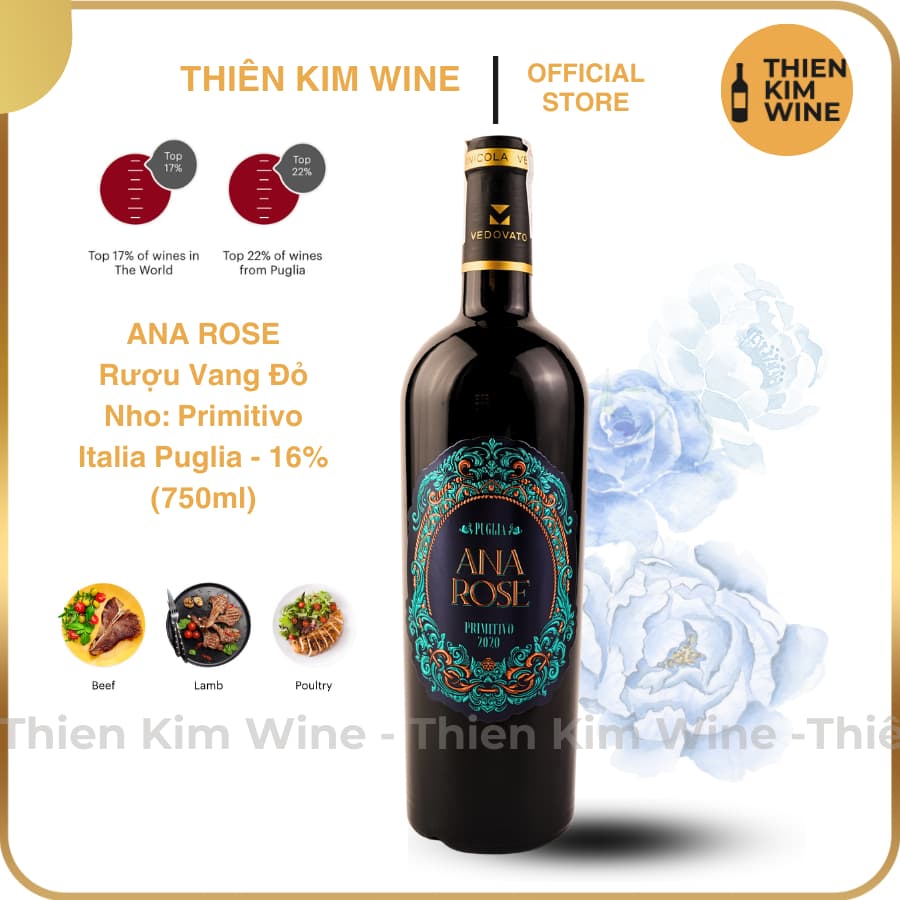 [Chính Hãng] - Rượu Vang Đỏ Ý ANA ROSE Primitivo Puglia - 750ml (16%) Kèm Hộp Quà Tặng VIP