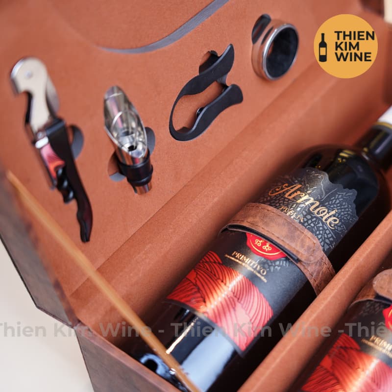 [Chính hãng] - Hộp Quà Tặng VIP Set 2 Chai Rượu Vang - Hộp Da Nâu Đẳng Cấp Kèm Phụ Kiện