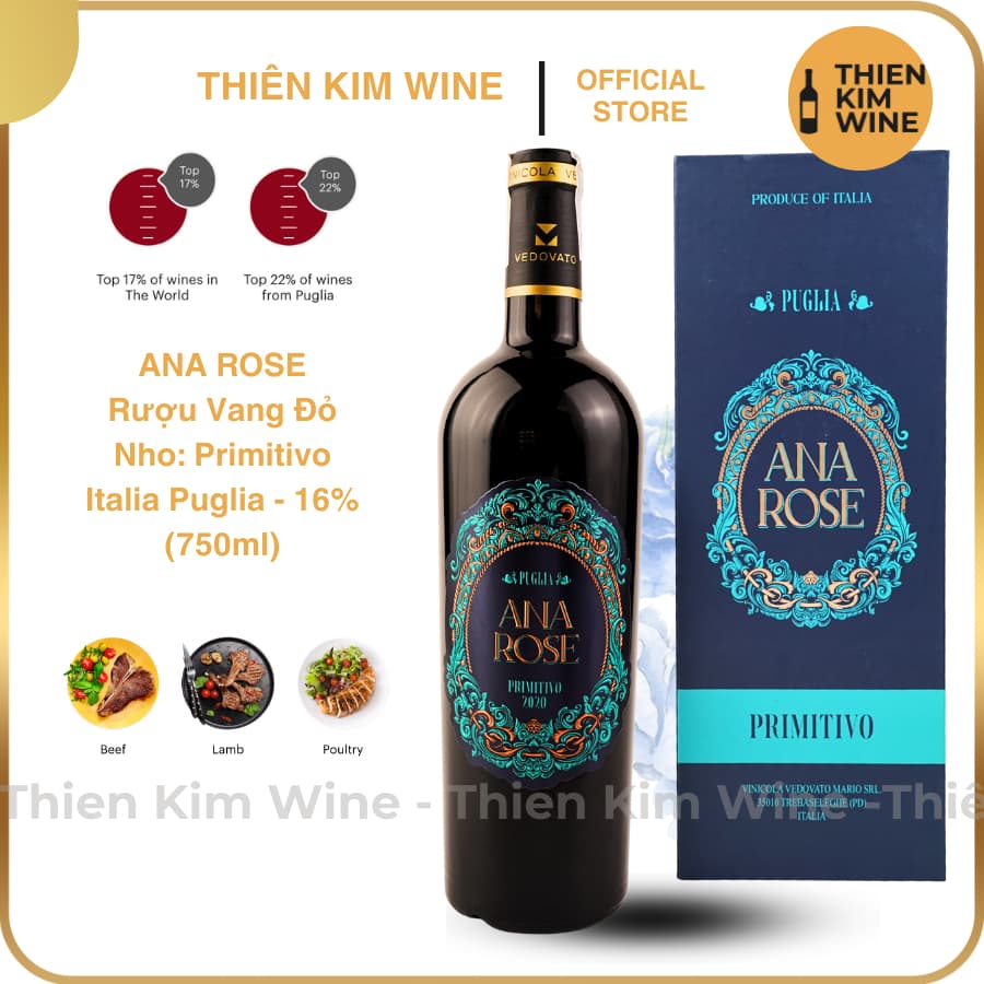 [Chính Hãng] - Rượu Vang Đỏ Ý ANA ROSE Primitivo Puglia - 750ml (16%) Kèm Hộp Quà Tặng VIP