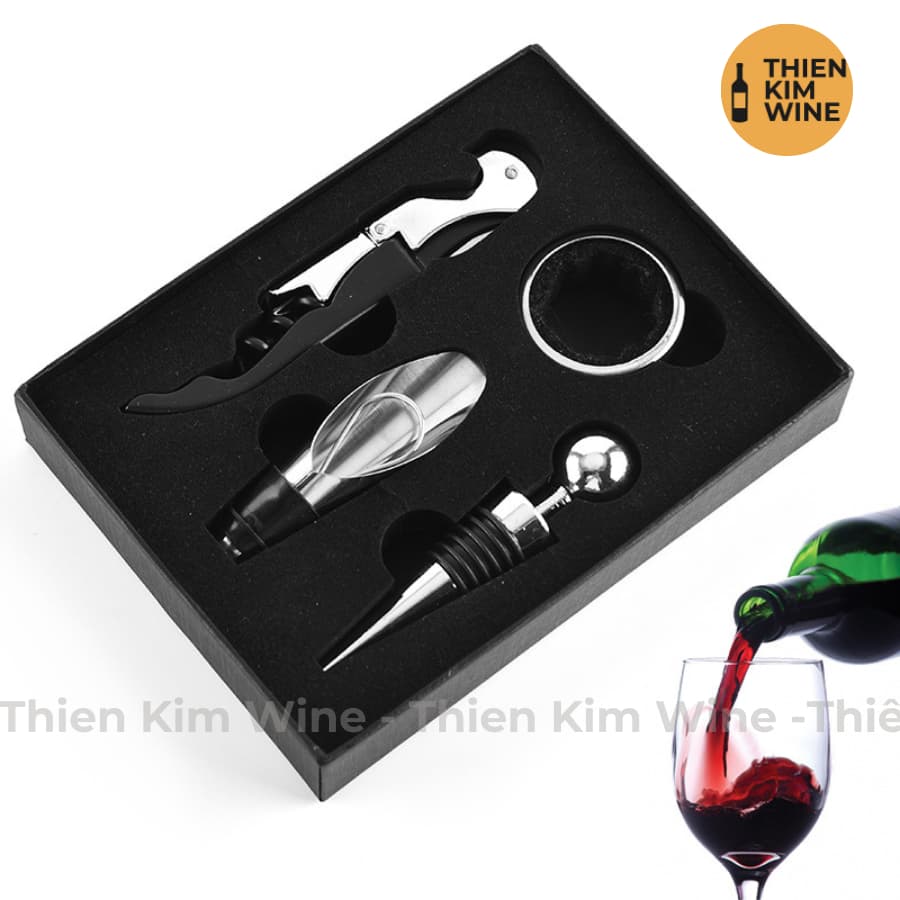 Bộ phụ kiện Rượu Vang 4 món - Cắt nắp, khui rượu, phễu Kèm hộp đựng