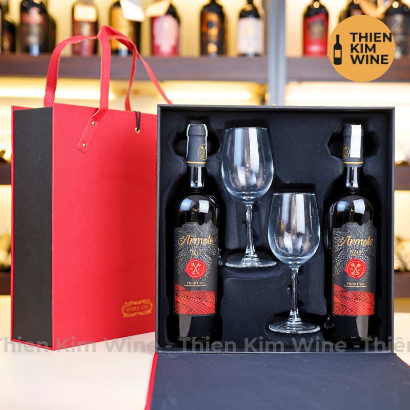 Hộp Quà Tặng Tết 2 Chai Rượu Vang Chính Hãng Kèm 2 Ly Sang Trọng - Hộp Da Vip Có Dây Xách