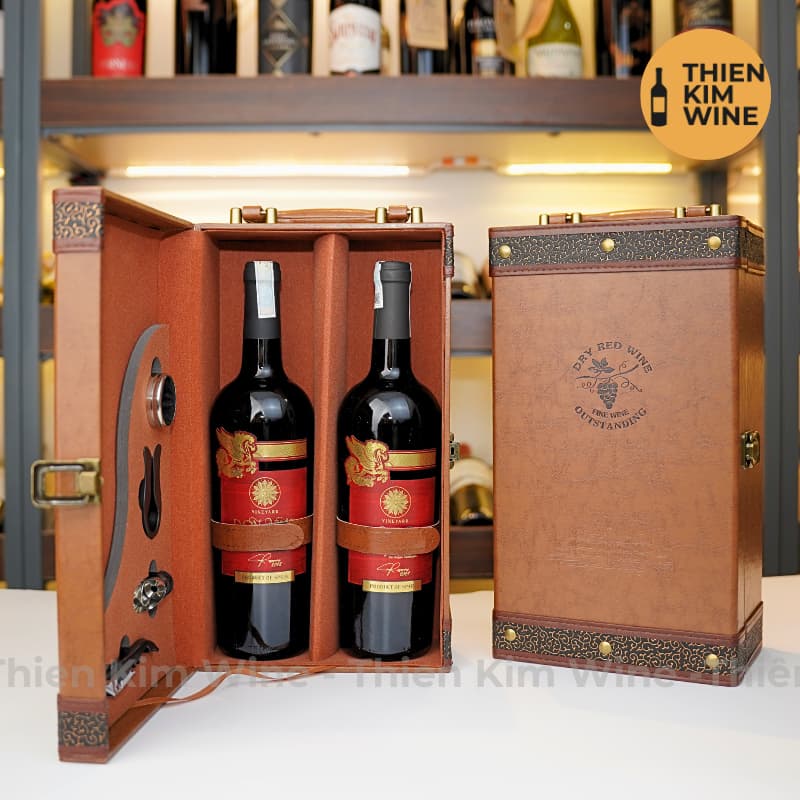 [Chính hãng] - Hộp Quà Tặng VIP Set 2 Chai Rượu Vang - Hộp Da Nâu FINE WINE Đẳng Cấp Kèm Bộ 4 Phụ Kiện Cao Cấp