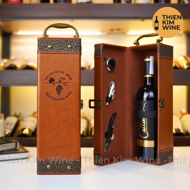 [Chính hãng] - Hộp Quà Tặng VIP Set 1 Chai Rượu Vang - Hộp Da Nâu Đẳng Cấp Kèm Phụ Kiện