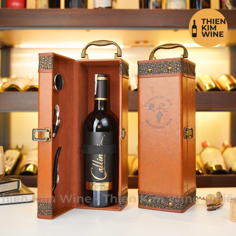[Chính hãng] - Hộp Quà Tặng VIP Set 1 Chai Rượu Vang - Hộp Da Nâu Đẳng Cấp Kèm Phụ Kiện