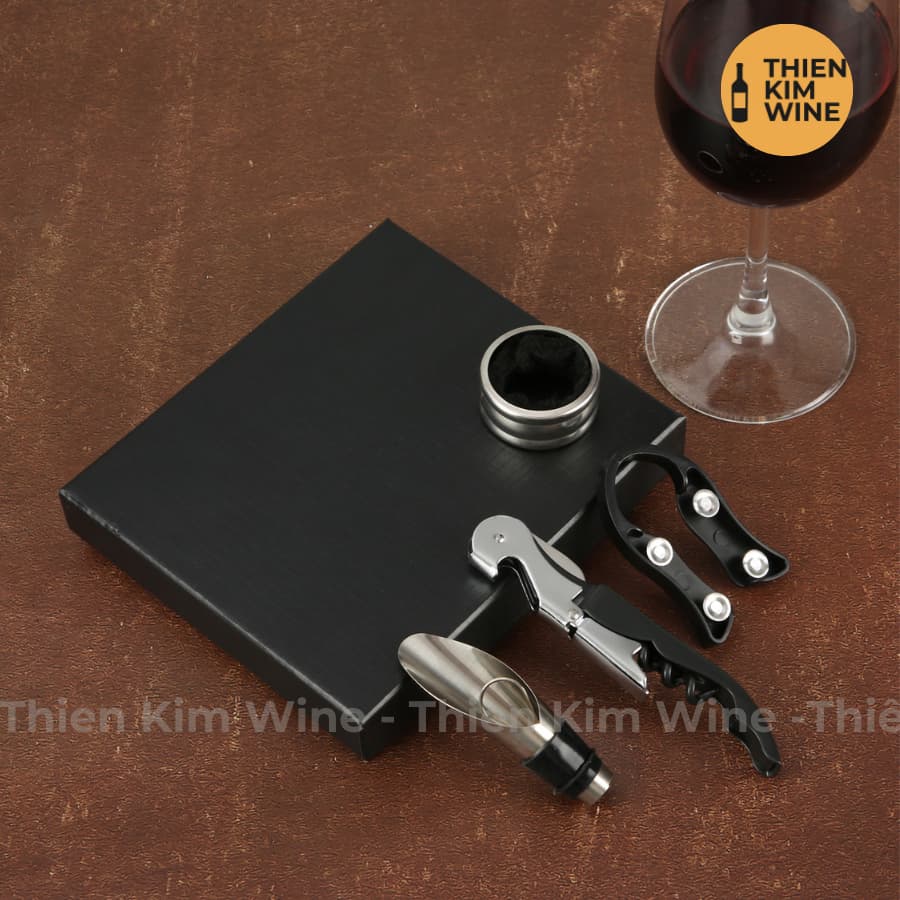 Bộ phụ kiện Rượu Vang 4 món - Cắt nắp, khui rượu, phễu Kèm hộp đựng