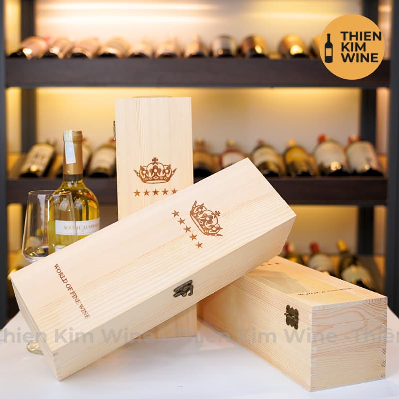[Chính hãng] - Hộp Quà Tặng VIP 1 Chai Rượu Vang - Hộp Gỗ Vương Miện Có Dây Xách