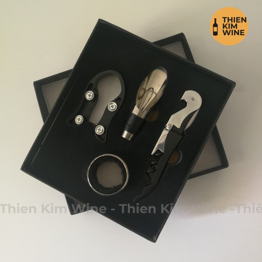 Bộ phụ kiện Rượu Vang 4 món - Cắt nắp, khui rượu, phễu Kèm hộp đựng