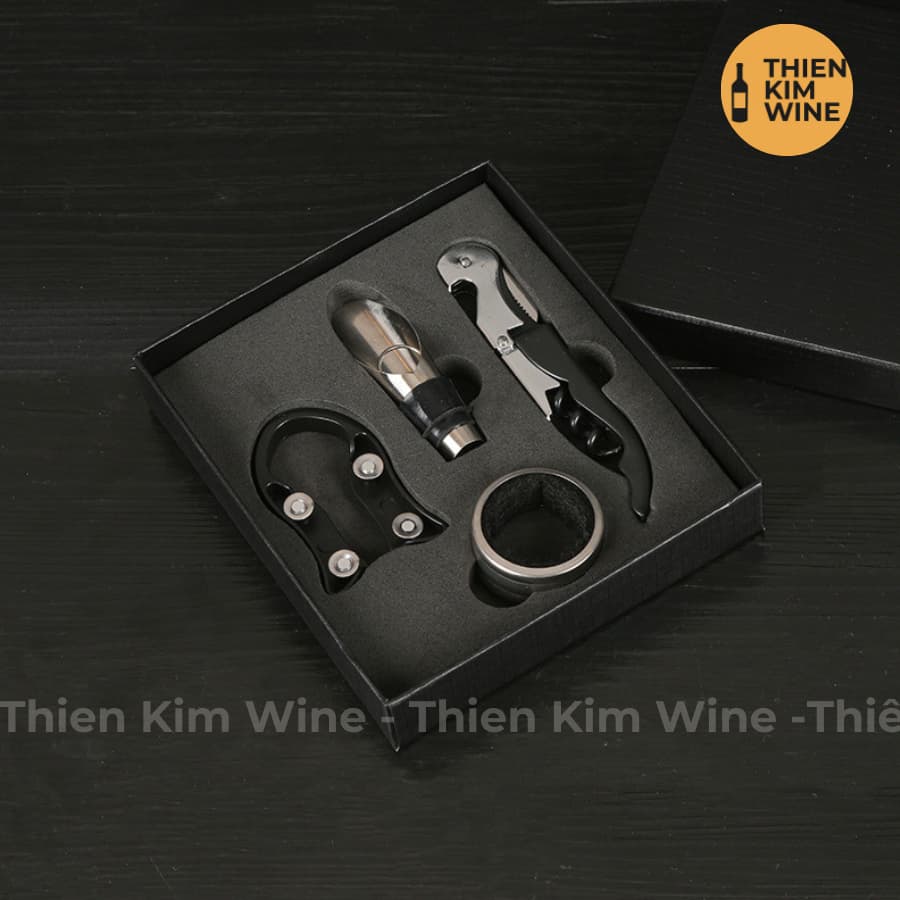 Bộ phụ kiện Rượu Vang 4 món - Cắt nắp, khui rượu, phễu Kèm hộp đựng