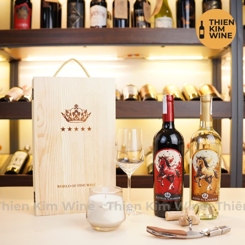 [Chính hãng] - Hộp Quà Tặng VIP 2 Chai Rượu Vang Chính Hãng - Hộp Gỗ Vương Miện Có Dây Xách