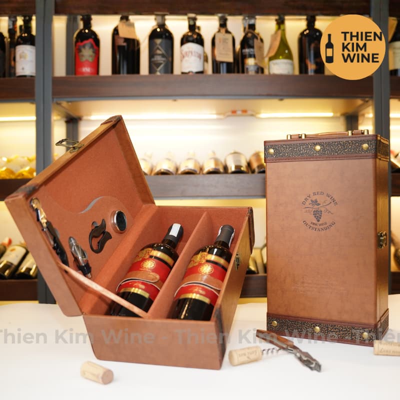 [Chính hãng] - Hộp Quà Tặng VIP Set 2 Chai Rượu Vang - Hộp Da Nâu FINE WINE Đẳng Cấp Kèm Bộ 4 Phụ Kiện Cao Cấp