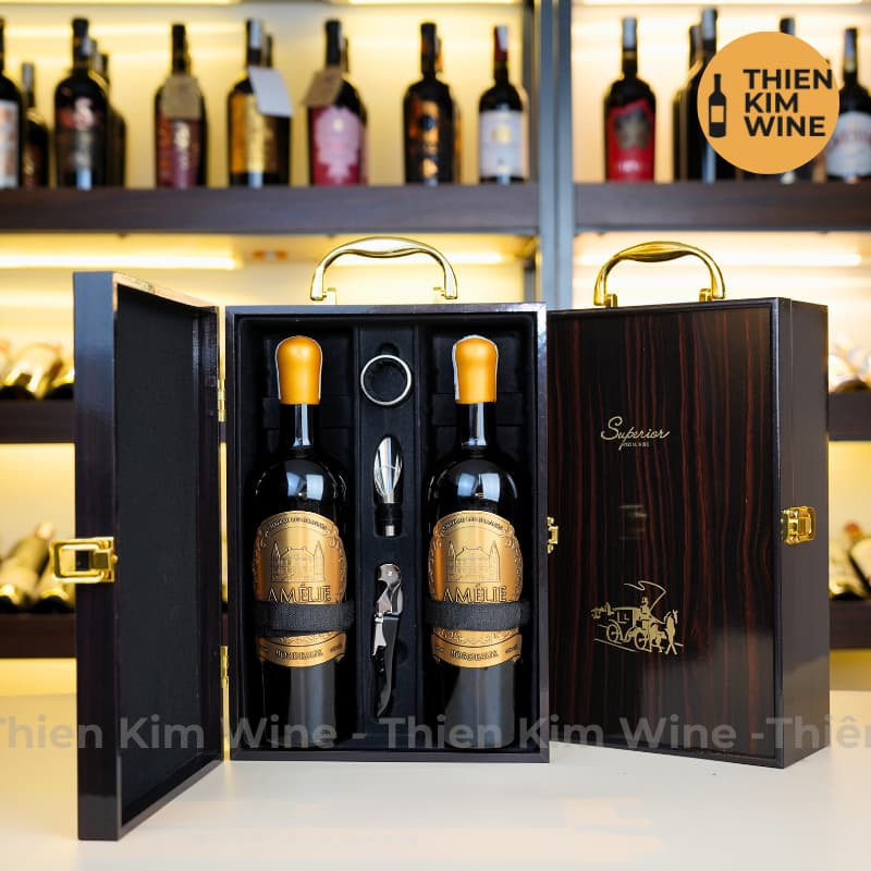 [Chính hãng] - Hộp Quà Tặng VIP 2 Chai Rượu Vang - Hộp Sơn Mài Kèm 3 Phụ Kiện Có Quai Xách