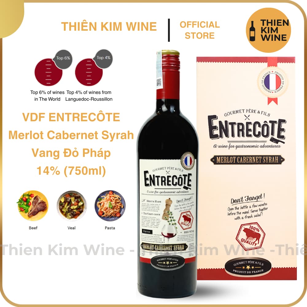 [Chính hãng] - Rượu Vang Đỏ Pháp VDF ENTRECÔTE Merlot Cabernet Syrah “Có Hộp Quà” - 750ml (14%)