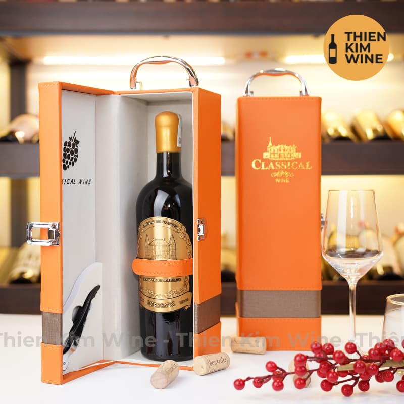 [Chính hãng] - Hộp Quà Tặng VIP 1 Chai Rượu Vang - Hộp Da Cam Vip Kèm Khui Có Quai Xách